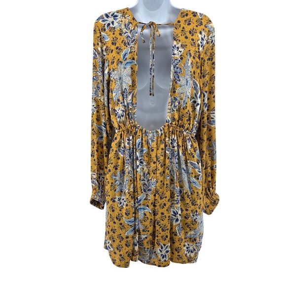 Free People Soli Plunge Neck Yellow Floral Long Sleeve Mini Dress Pockets Size L - Picture 2 of 12